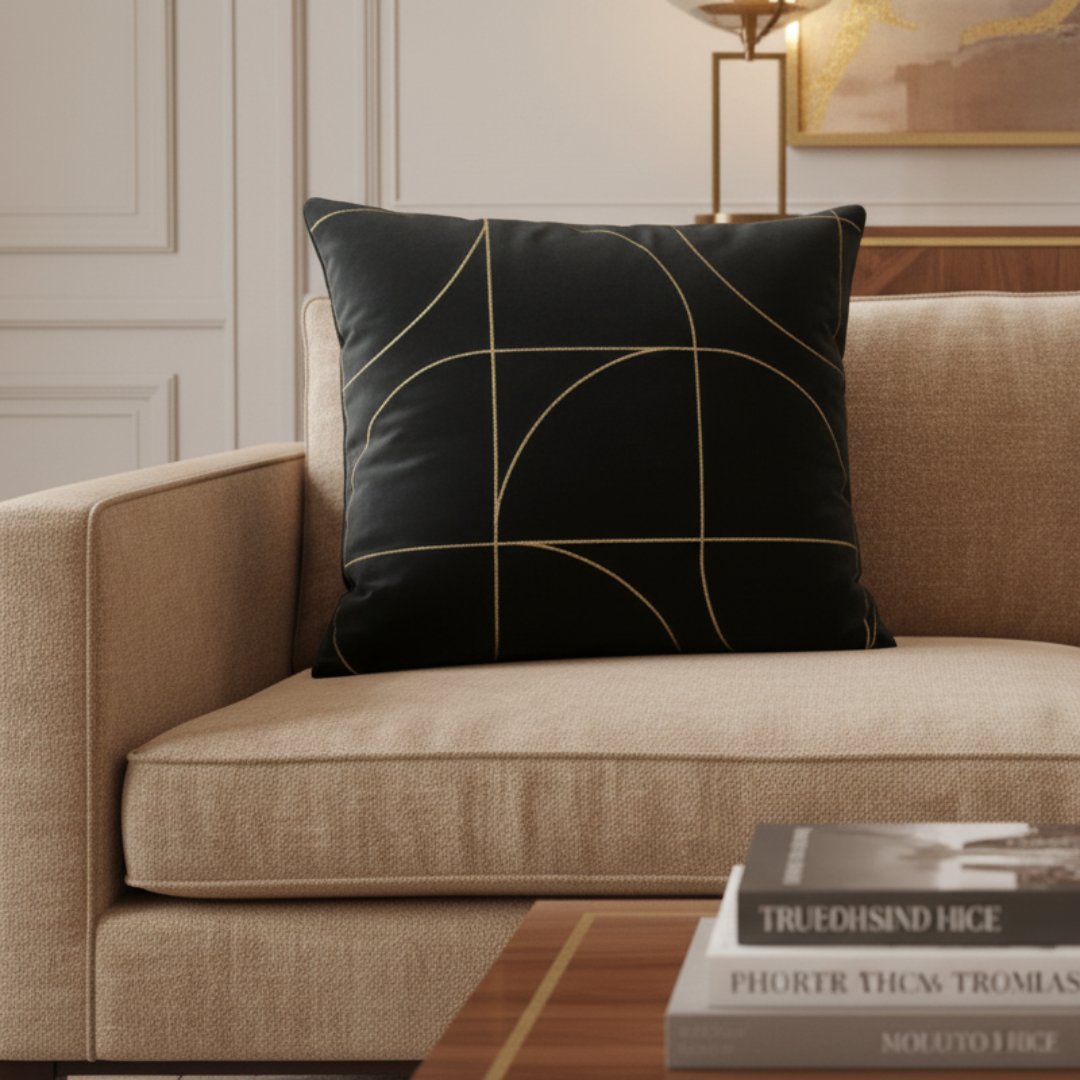 Decorative pillow with geometric pattern on a beige sofa