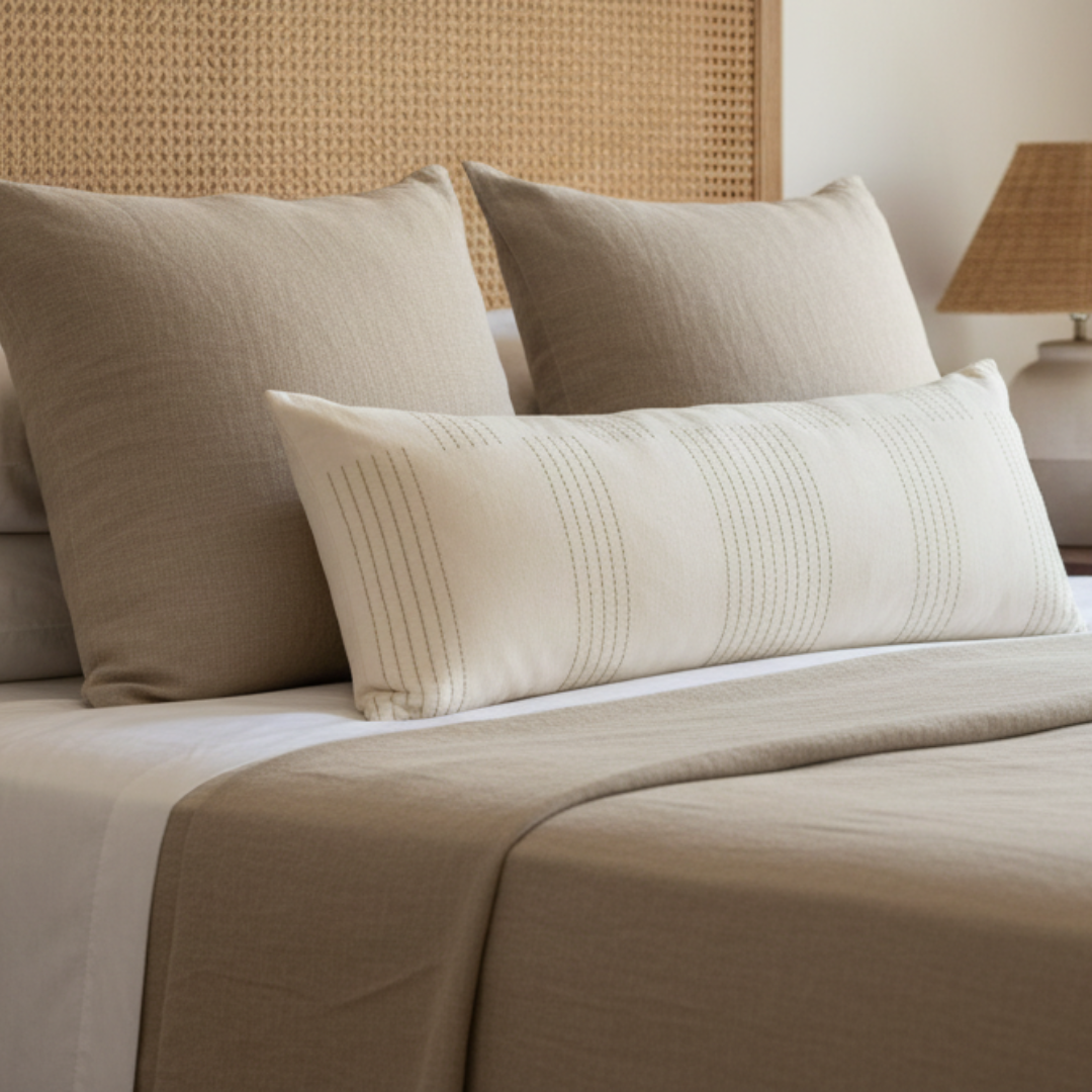 Neatly arranged pillows on a bed with a neutral color scheme.