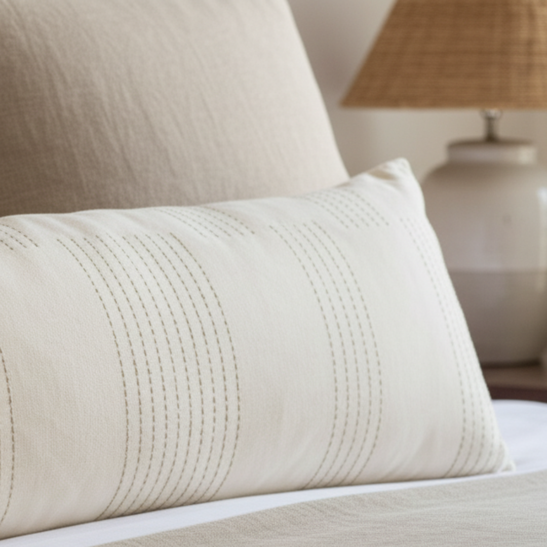 Close-up of a textured beige pillow on a sofa with a blurred lamp in the background.