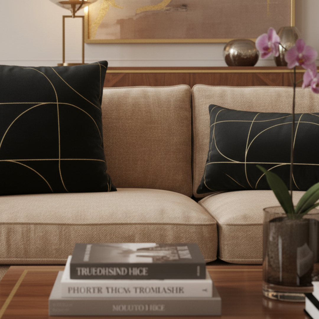 Beige sofa with black patterned pillows and books on a wooden table in a living room setting.