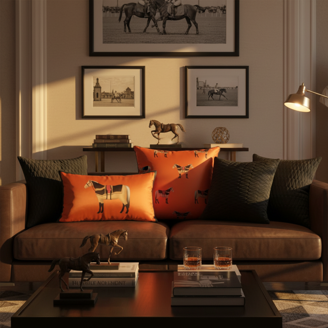 Living room with brown sofa, orange horse-patterned pillows, and framed pictures on the wall.