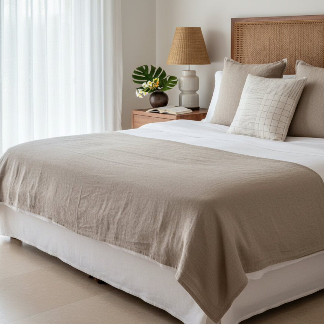 Neatly made bed with beige and white bedding in a bedroom setting.