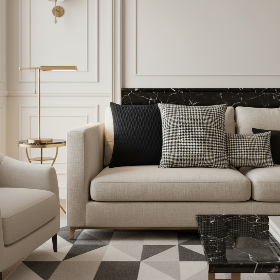 Modern living room with a beige sofa, decorative pillows, and a marble coffee table.