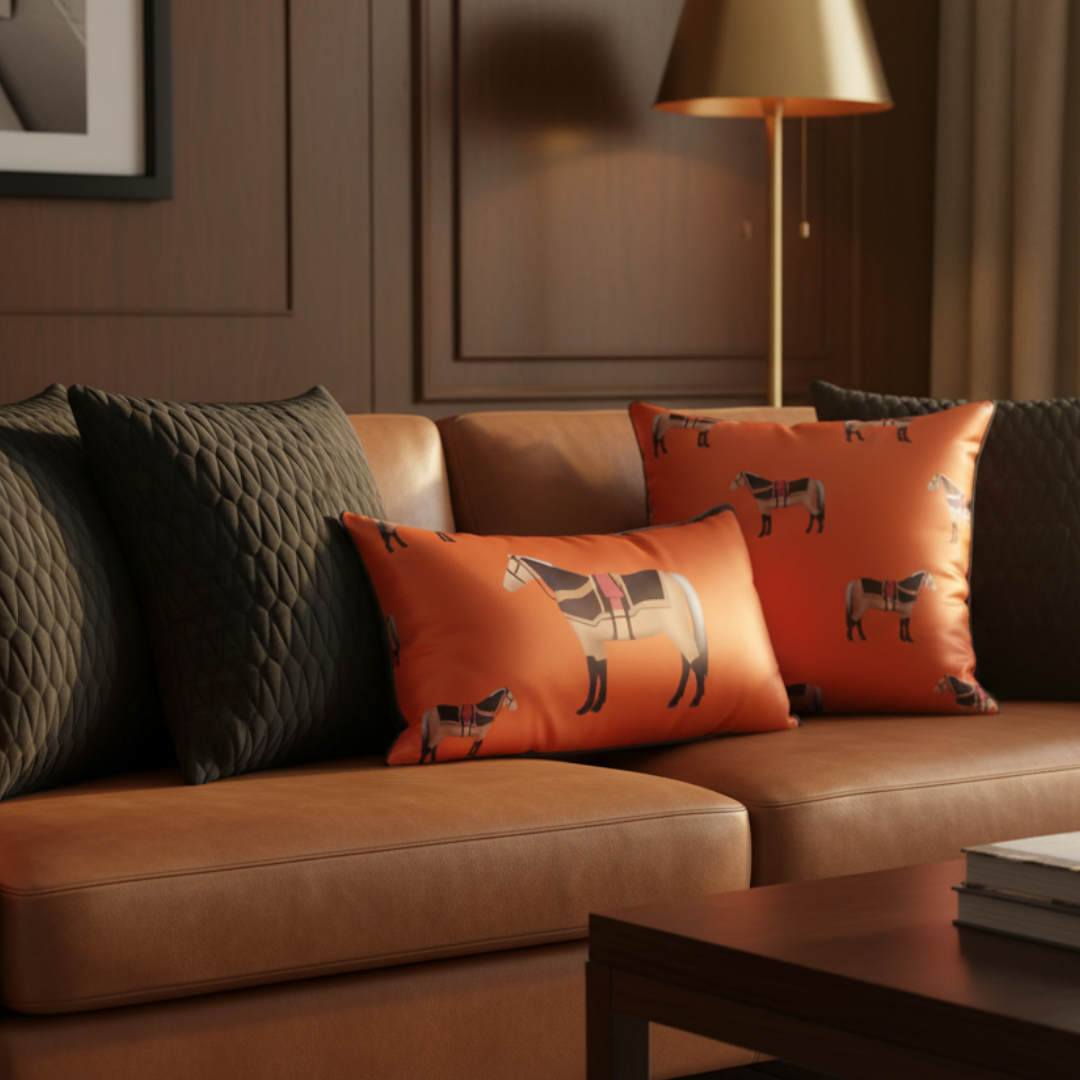 Brown leather sofa with decorative pillows featuring horse designs in a cozy room.
