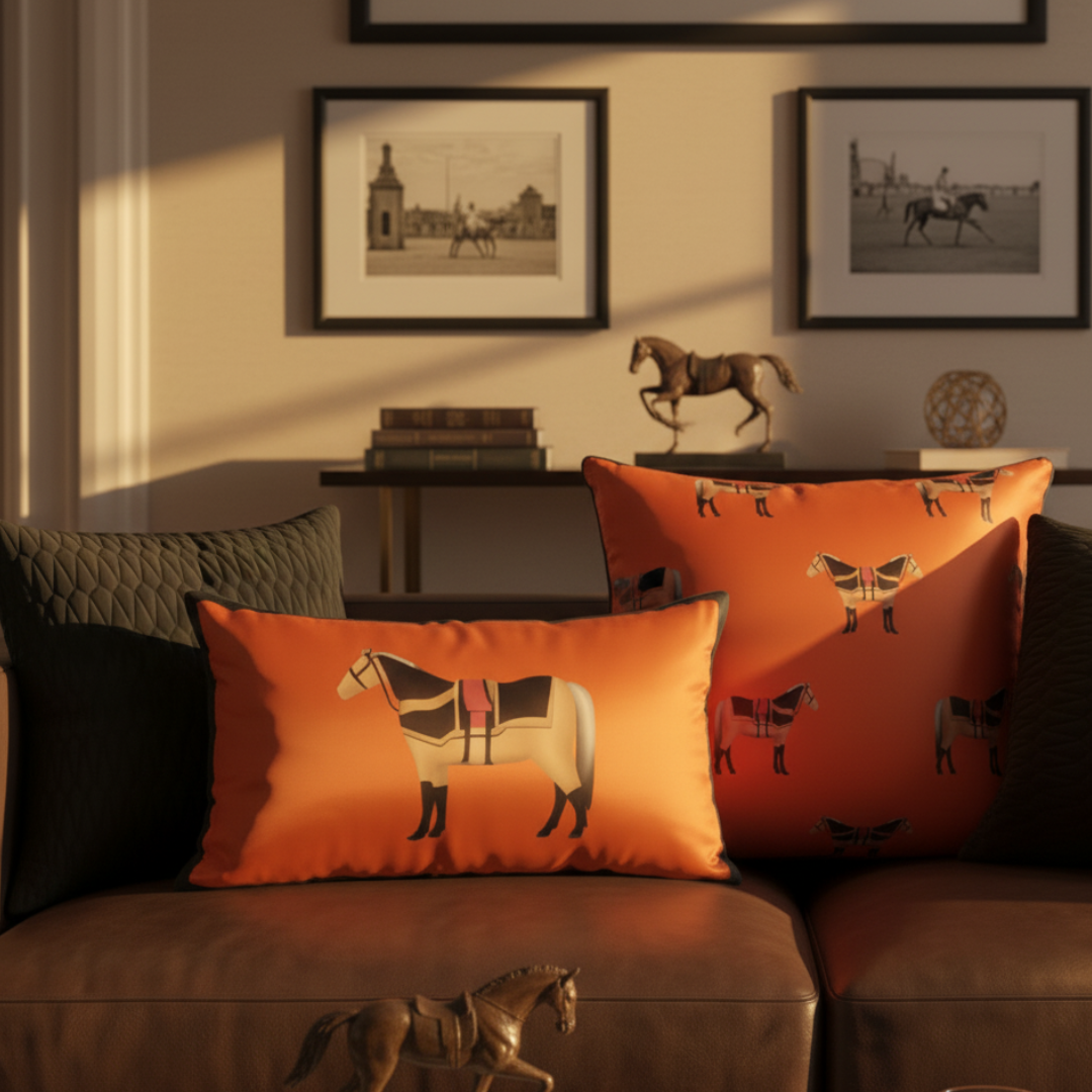 Orange pillows with horse design on a sofa in a room with framed pictures on the wall.