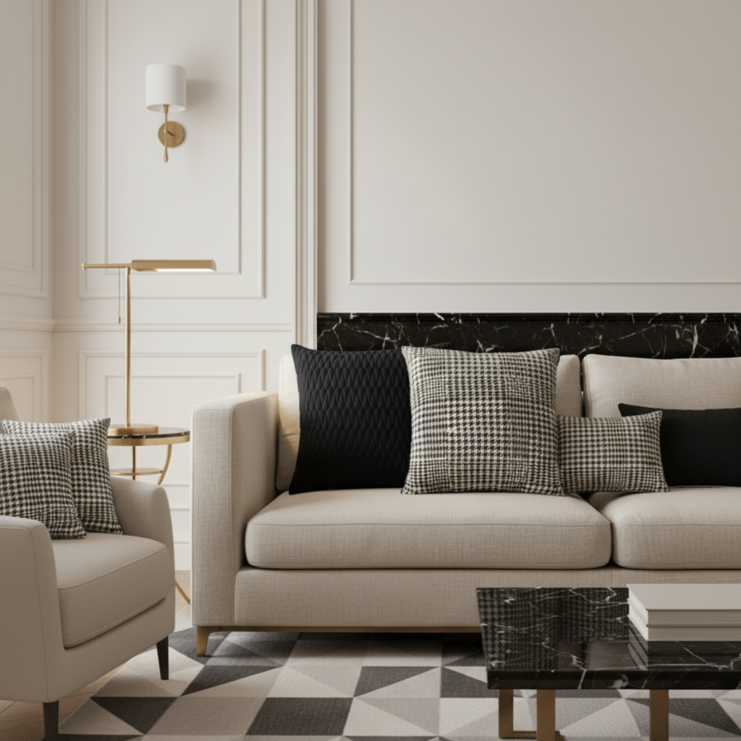 Modern living room with beige sofa, armchair, and decorative pillows.