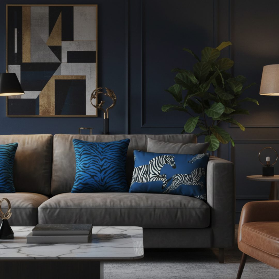 Modern living room with a gray sofa, blue pillows, and decorative elements.