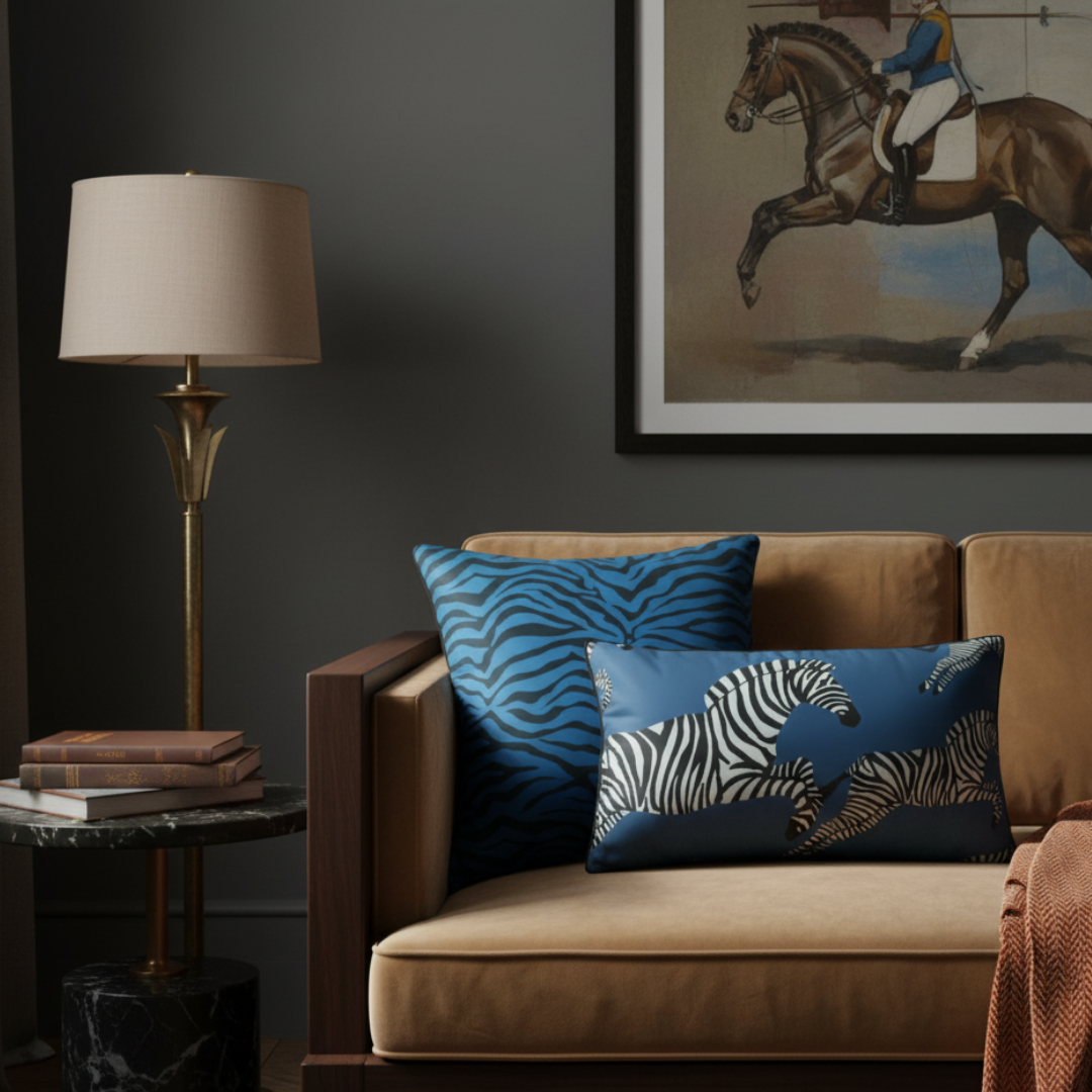 Living room with a brown sofa, blue pillows, and a horse painting on the wall.