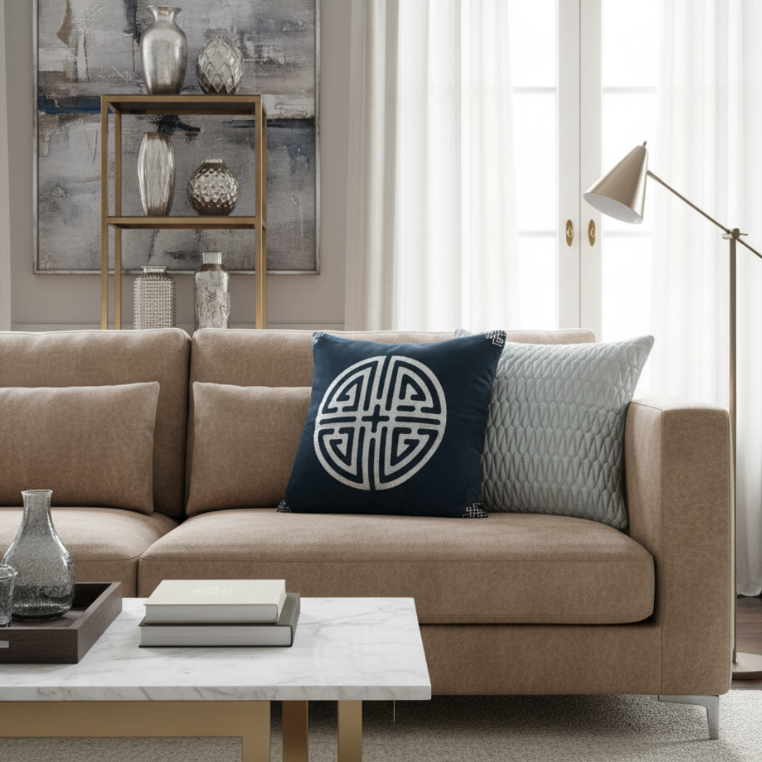 Beige sofa with decorative pillows in a living room setting