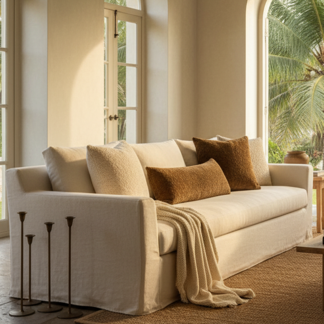 Beige sofa with decorative pillows and a blanket in a sunlit room with large windows.