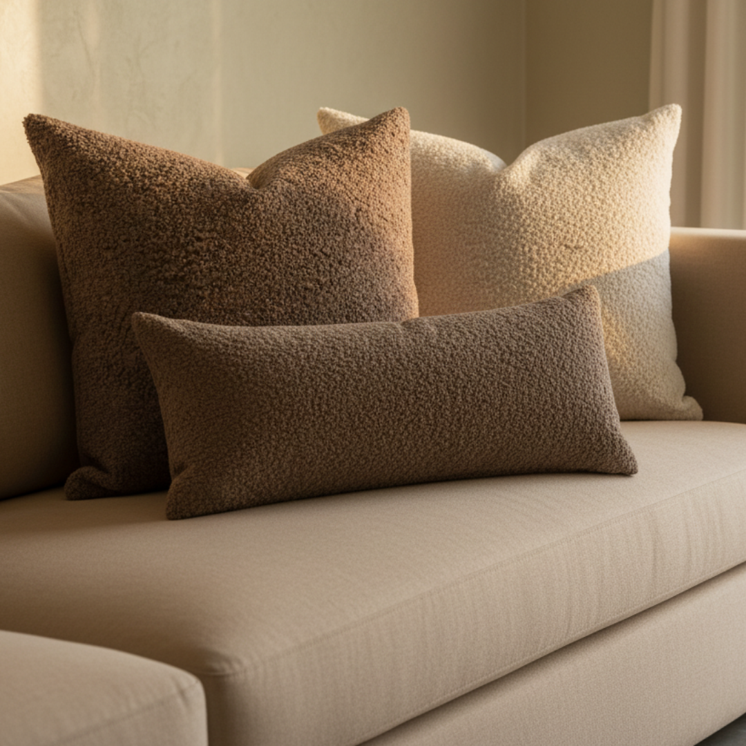 Beige sofa with textured brown and beige pillows against a neutral background