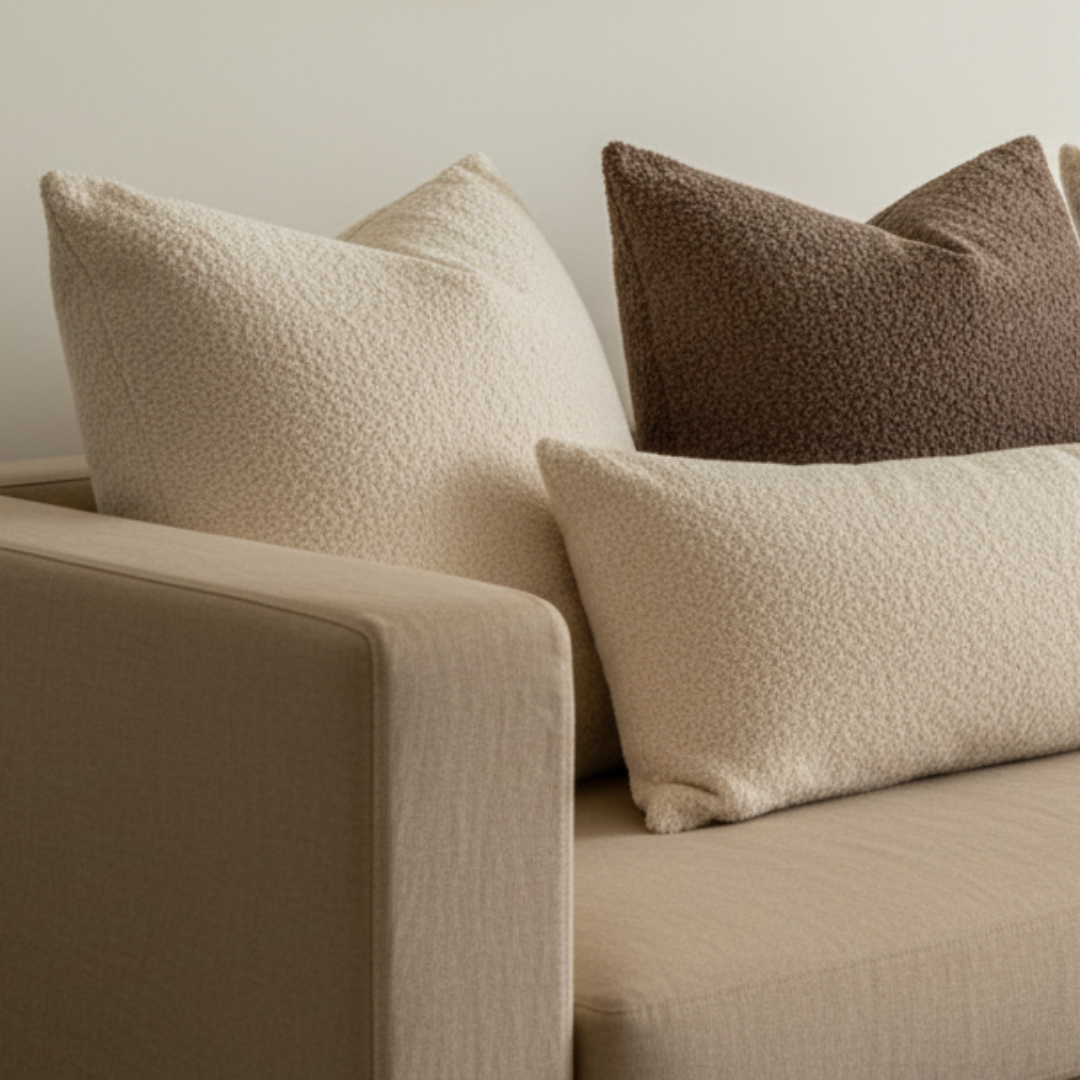 Beige sofa with textured pillows against a neutral background