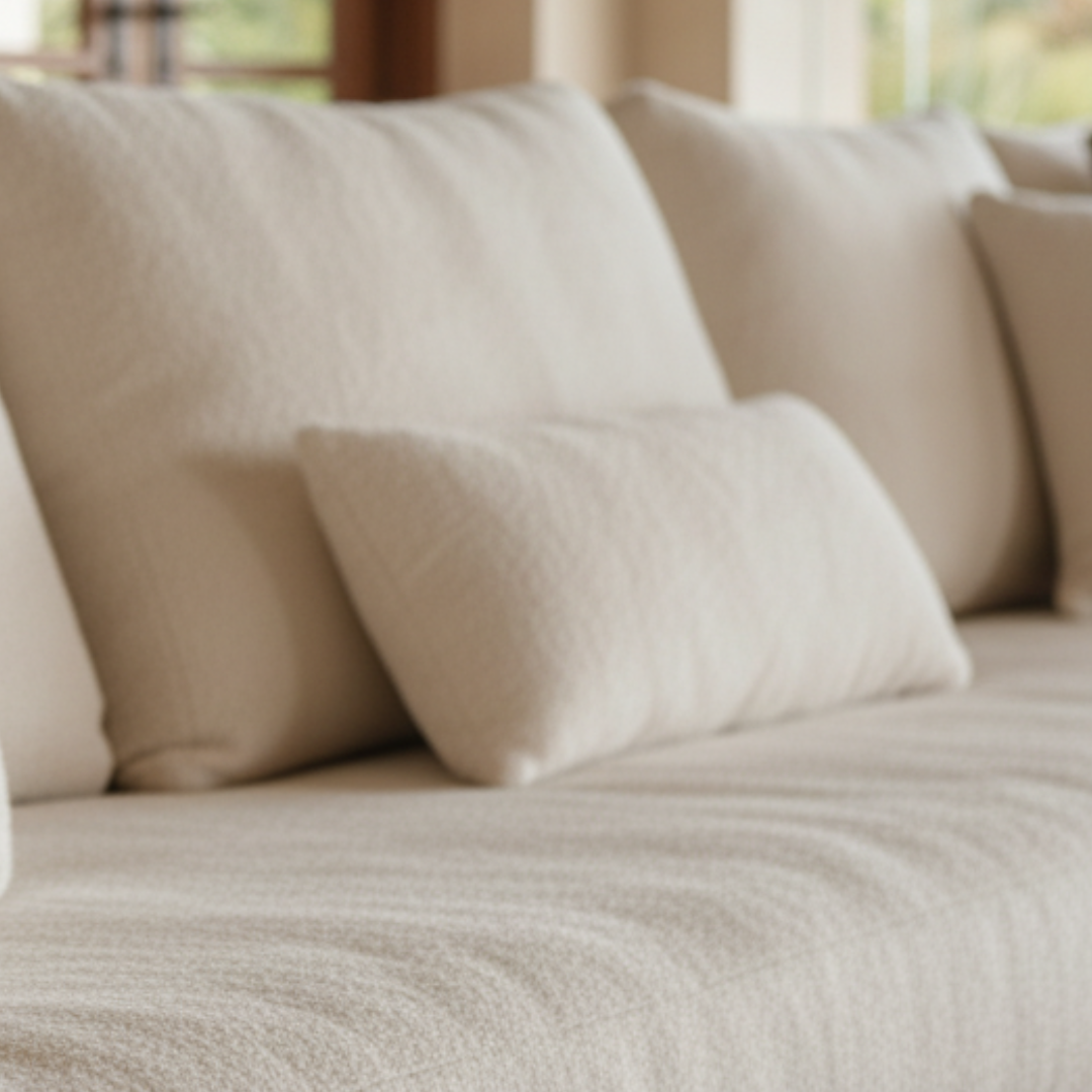 Beige sofa with pillows in a softly lit room