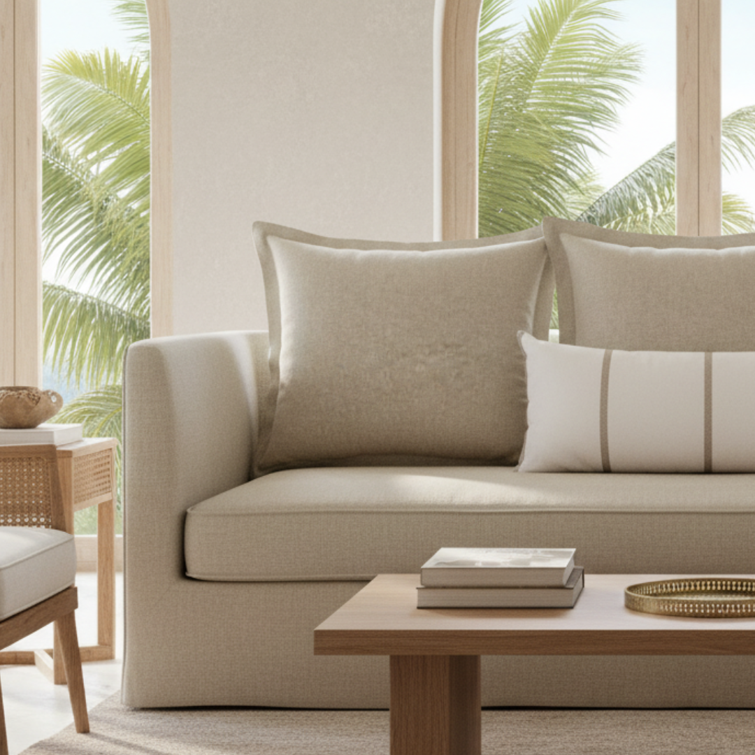 Beige sofa with cushions in a bright room with palm trees outside