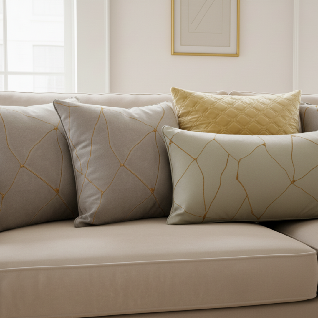 Beige sofa with decorative pillows in a living room setting