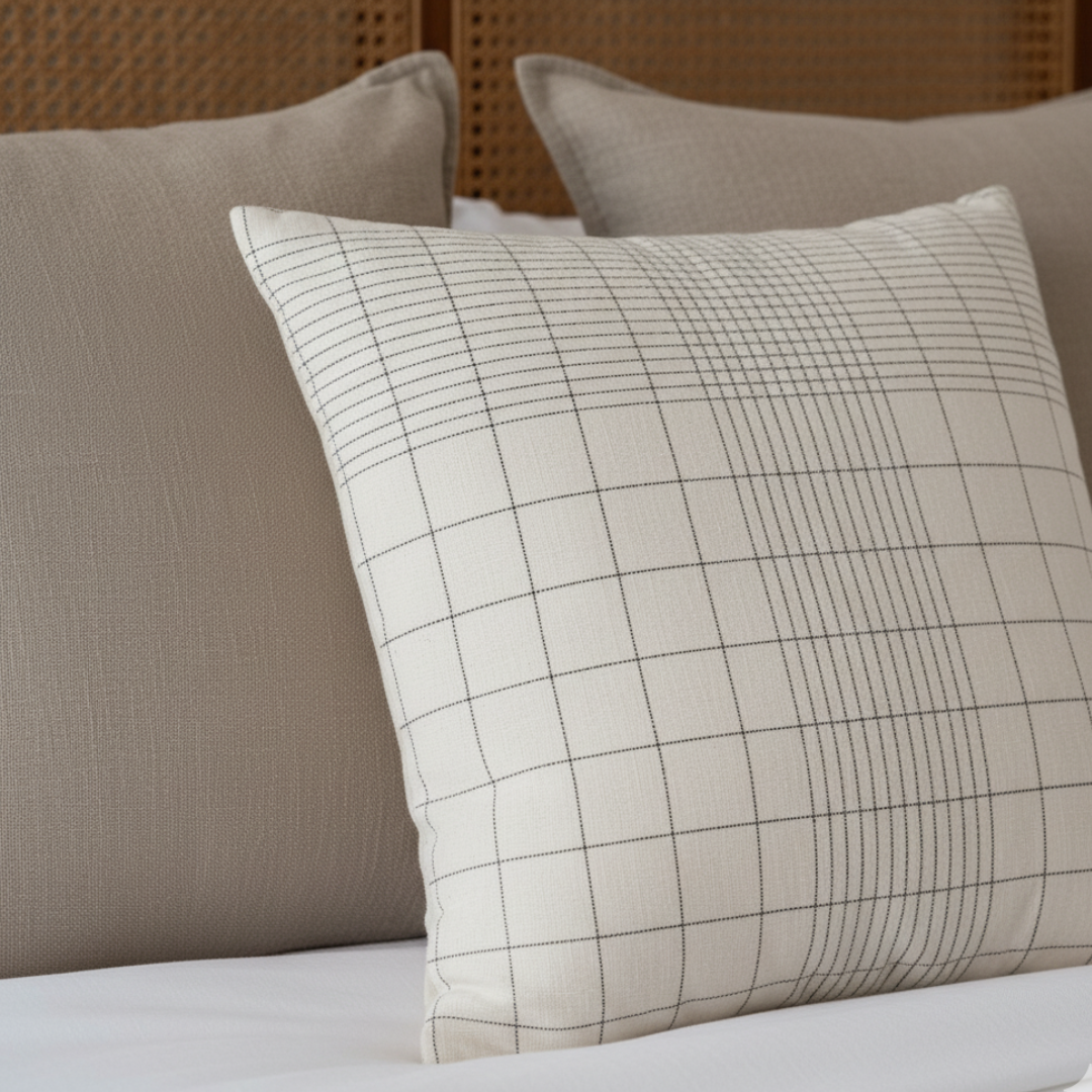 Plaid patterned pillow on a bed with neutral-toned pillows in the background