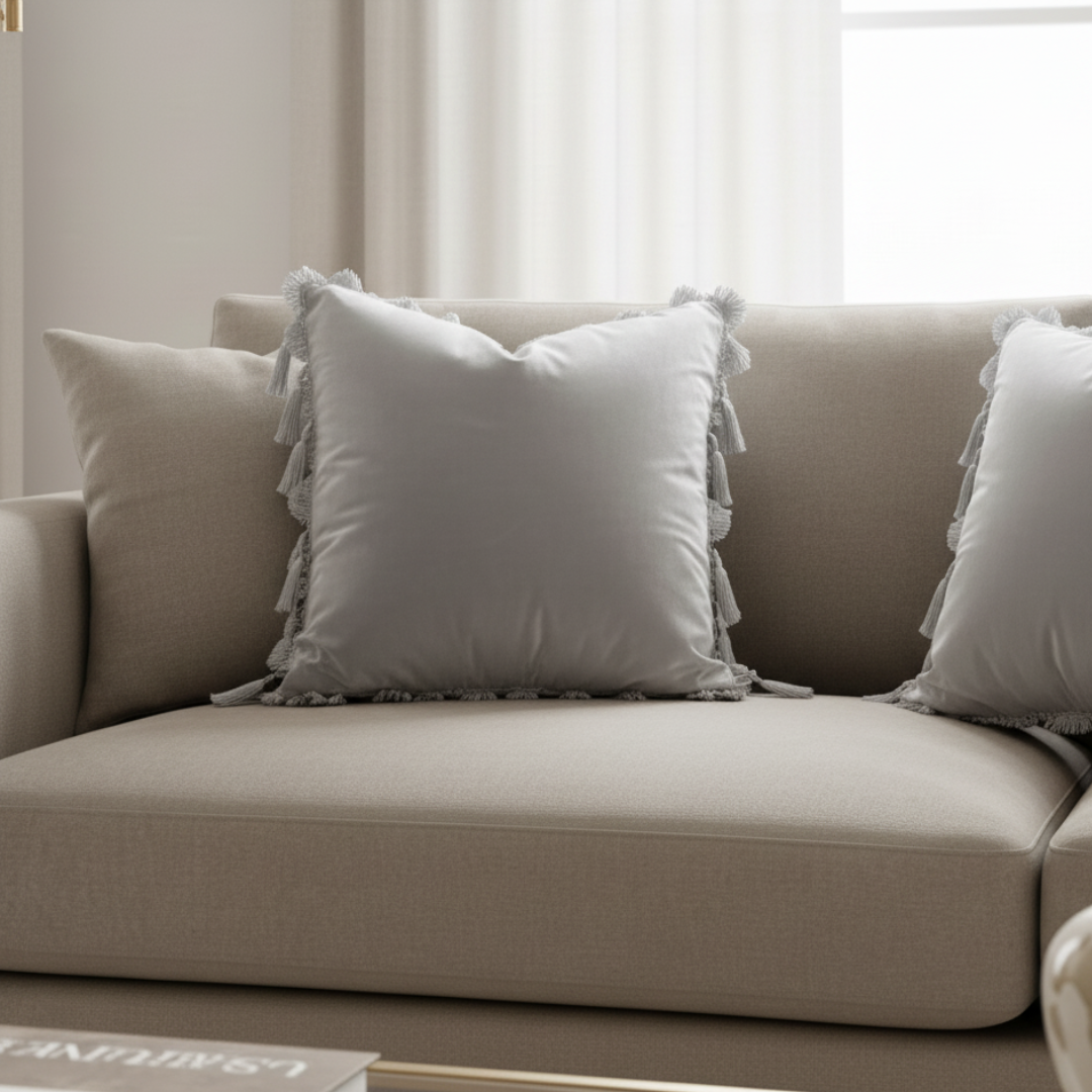 Beige sofa with white pillows featuring tassels in a bright room.
