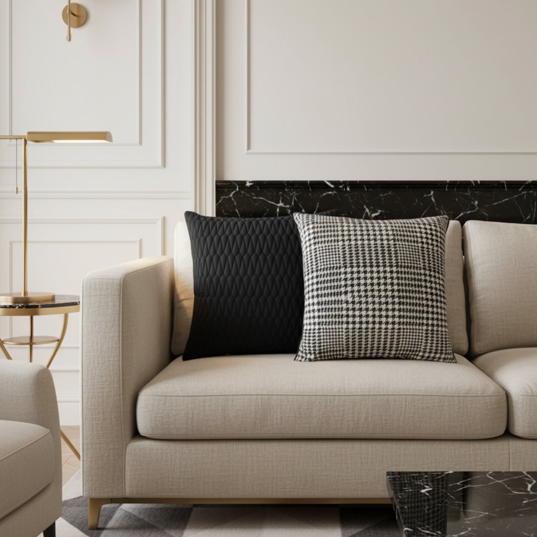 Beige sofa with decorative pillows in a modern living room setting