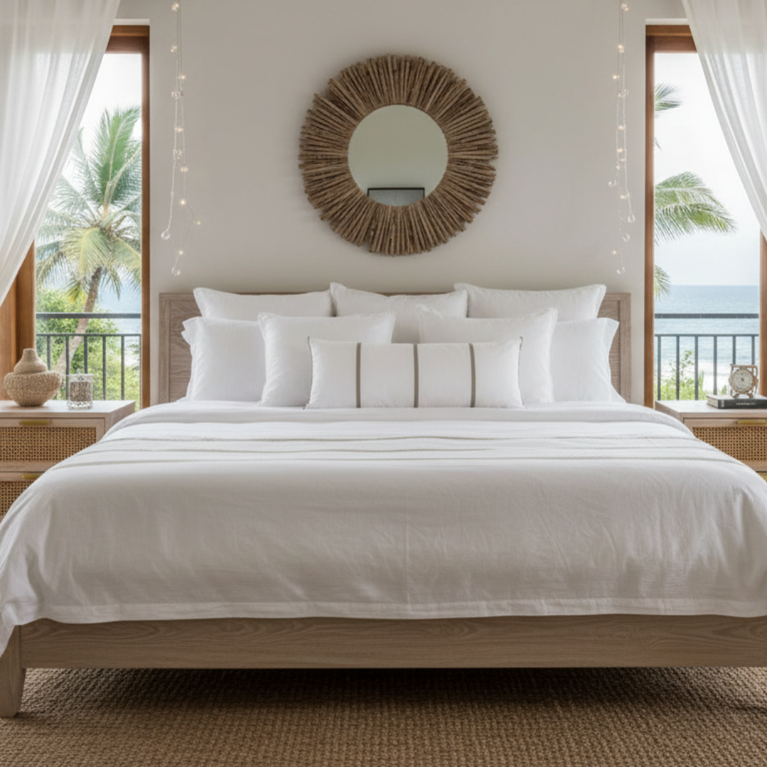 Neatly made bed with white bedding in a bedroom with a view of palm trees.