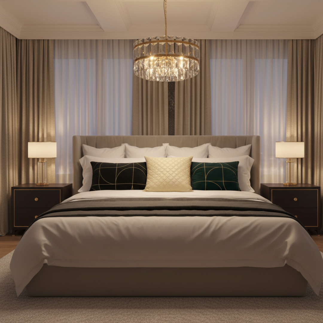 Modern bedroom with a chandelier, bed, and side tables.