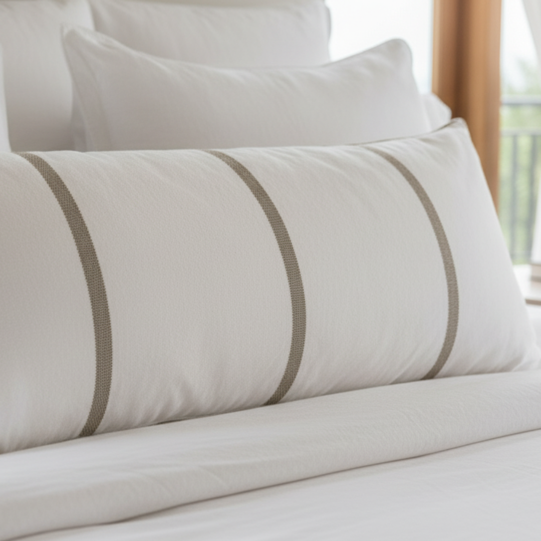 Neatly arranged pillows with striped pattern on a bed in a softly lit room.