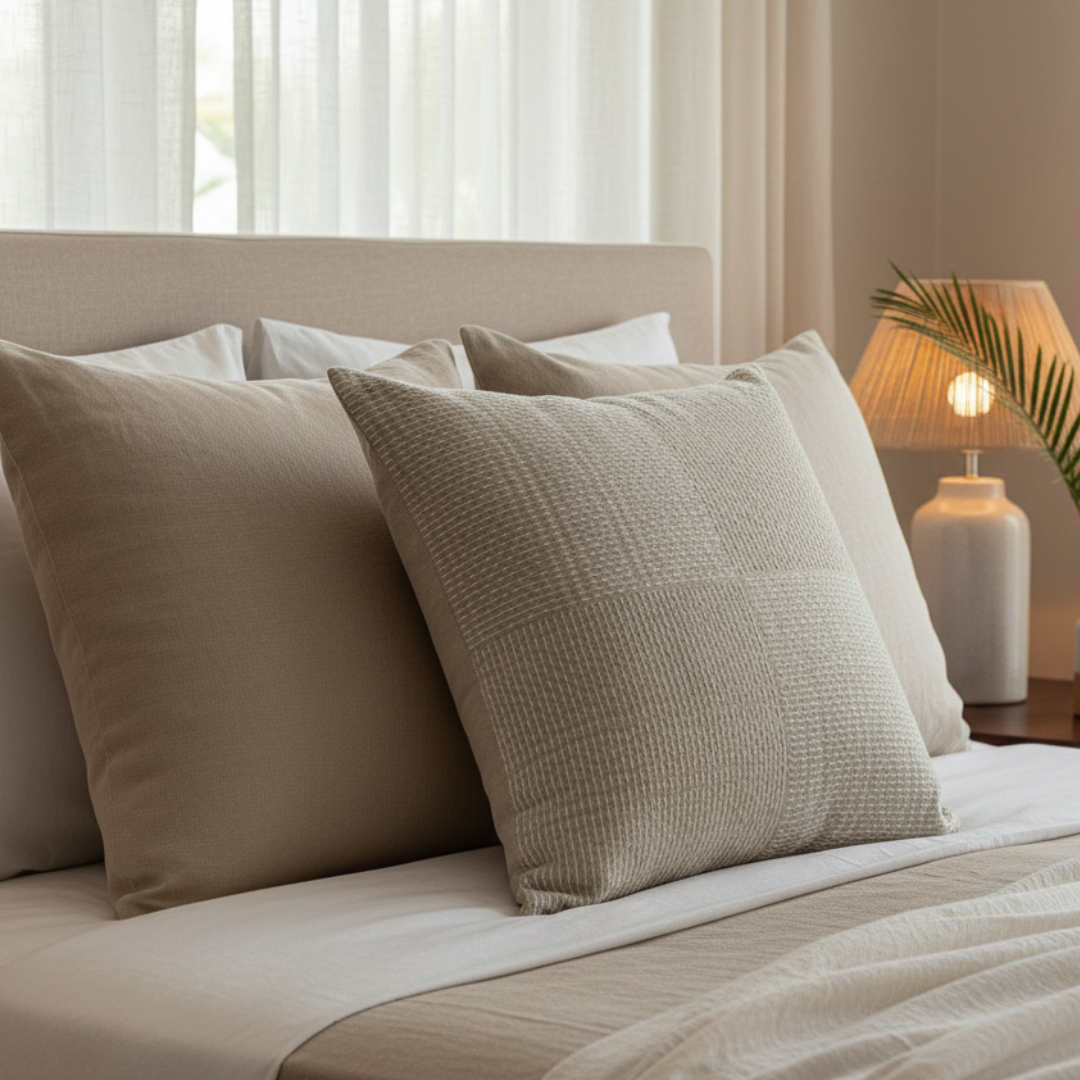 Neatly arranged pillows on a bed with a lamp and window in the background