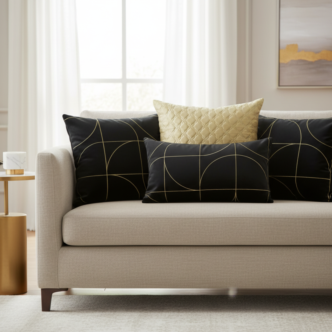 Beige sofa with decorative pillows in a living room setting