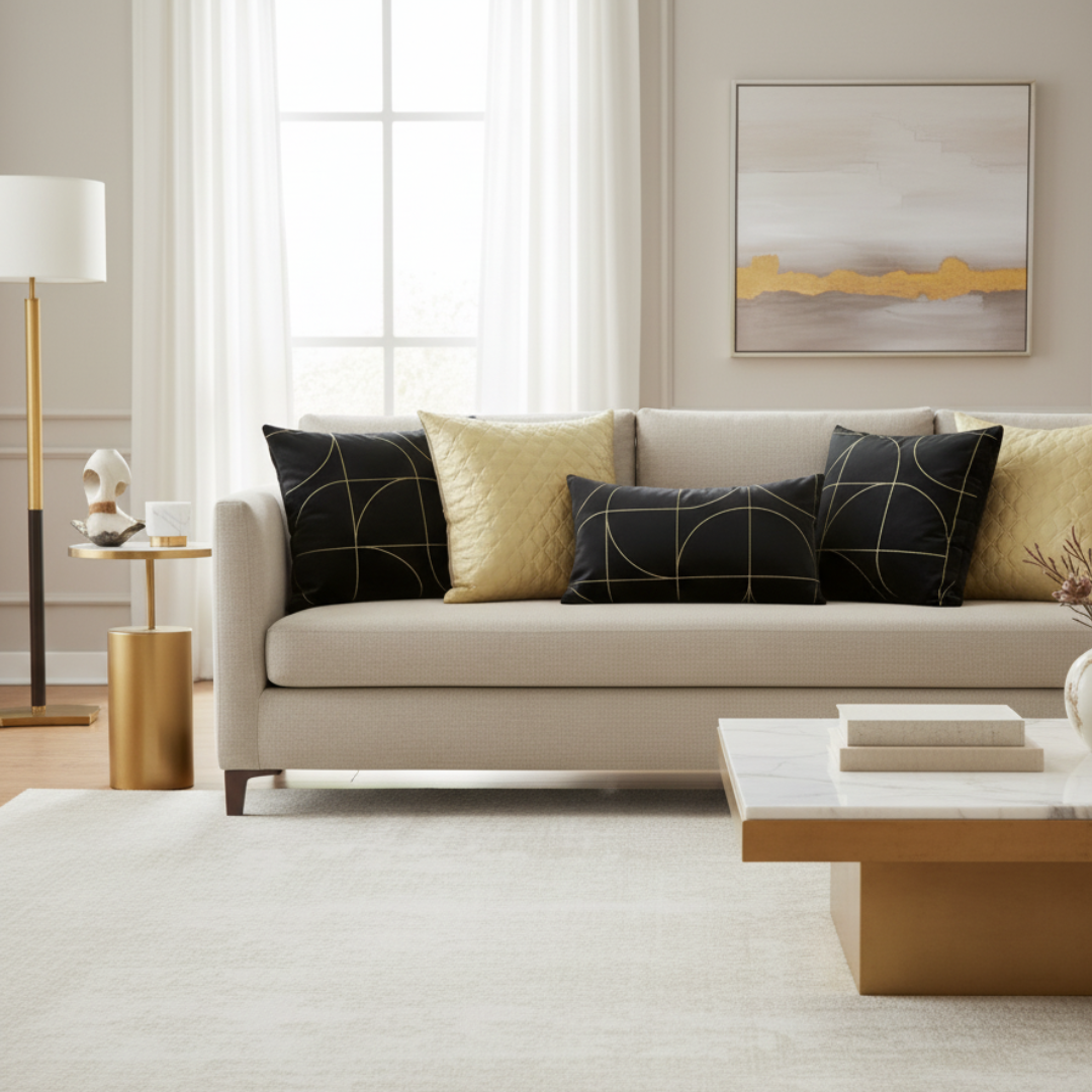 Modern living room with a beige sofa, decorative pillows, and a abstract painting on the wall.