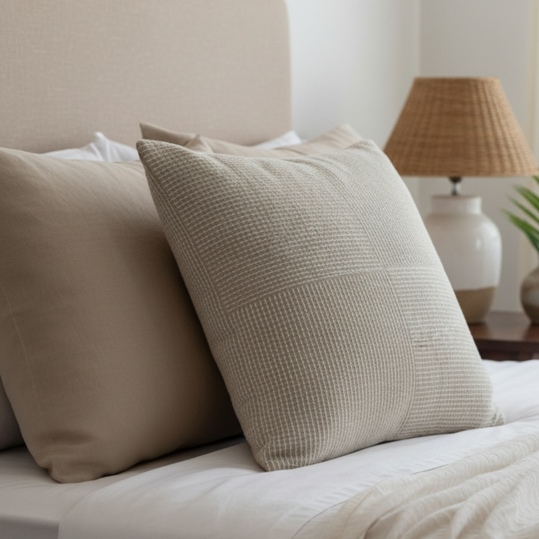 Beige textured pillow on a bed with a blurred lamp and plant in the background