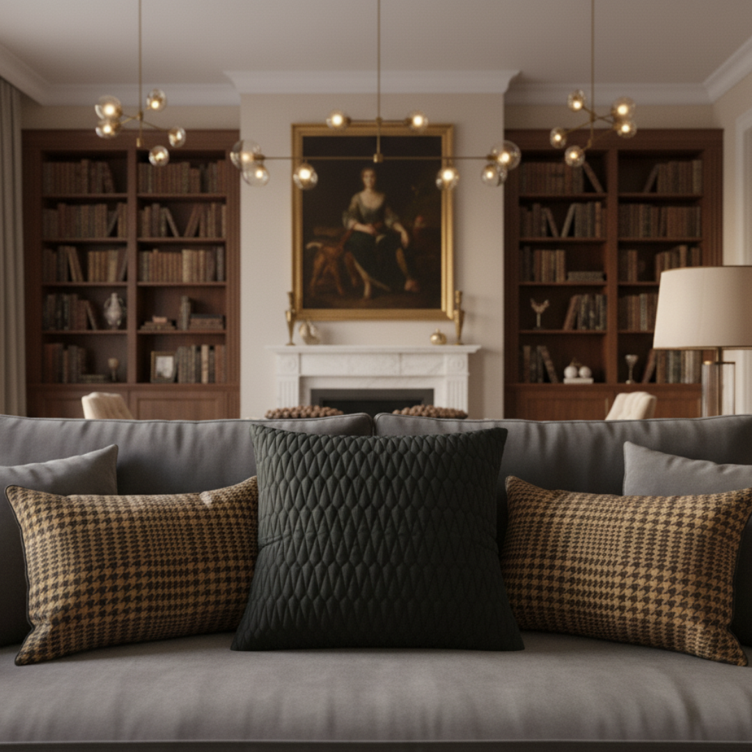 Living room with a gray sofa, patterned cushions, bookshelves, and a portrait on the wall.