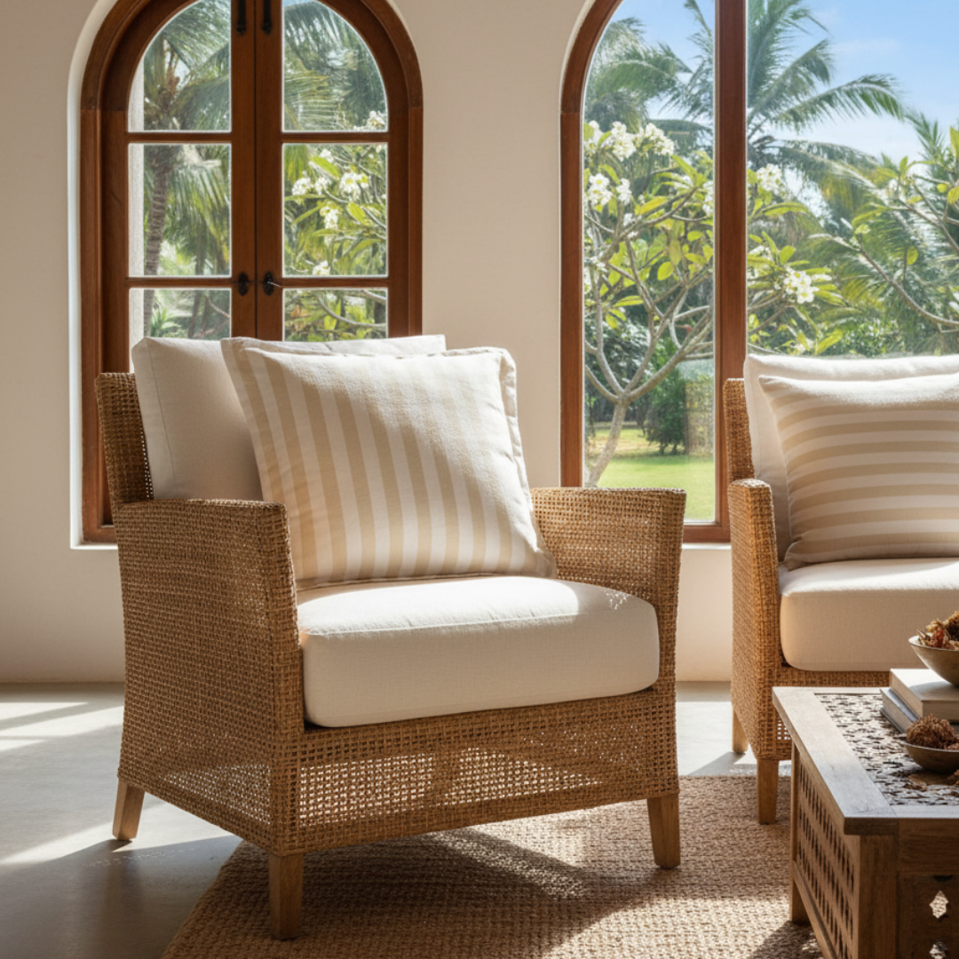 Wicker chairs with white cushions in a room with large windows showing greenery outside.