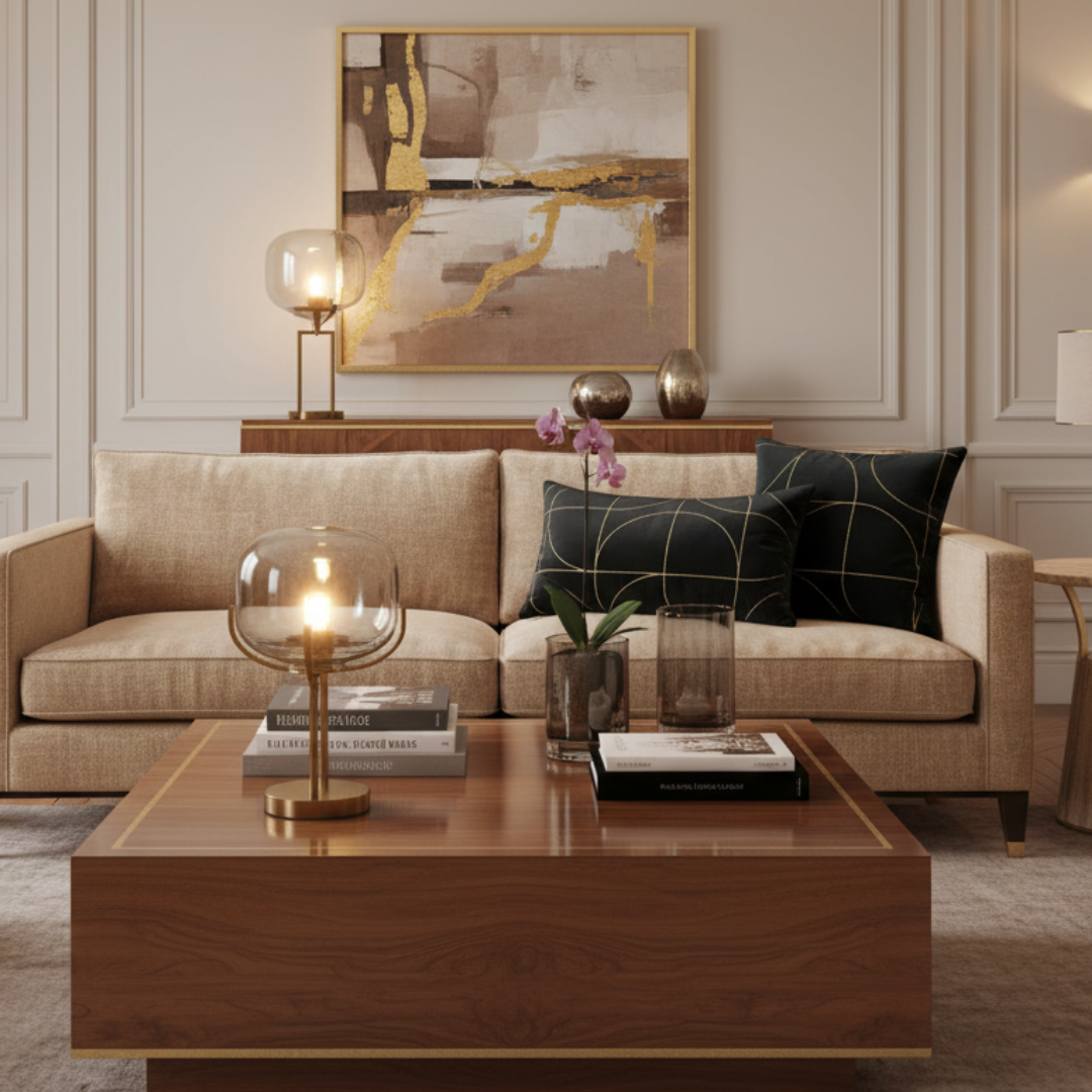 Modern living room with beige sofa, wooden coffee table, and abstract art on the wall.
