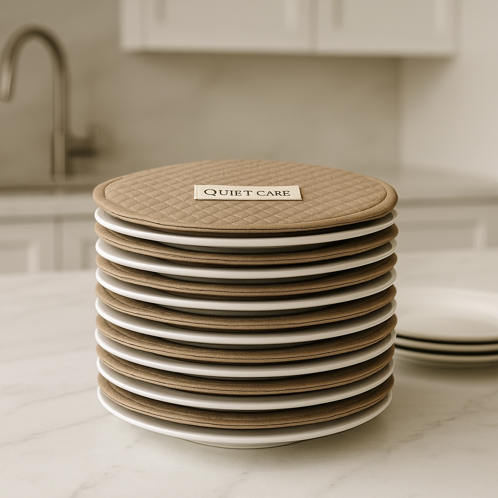 Stack of quilted coasters with 'QUIET CARE' label on a kitchen counter