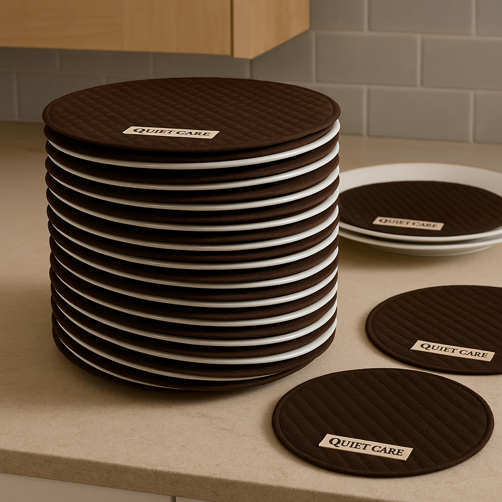 Stack of brown Quiet Care coasters on a kitchen counter.