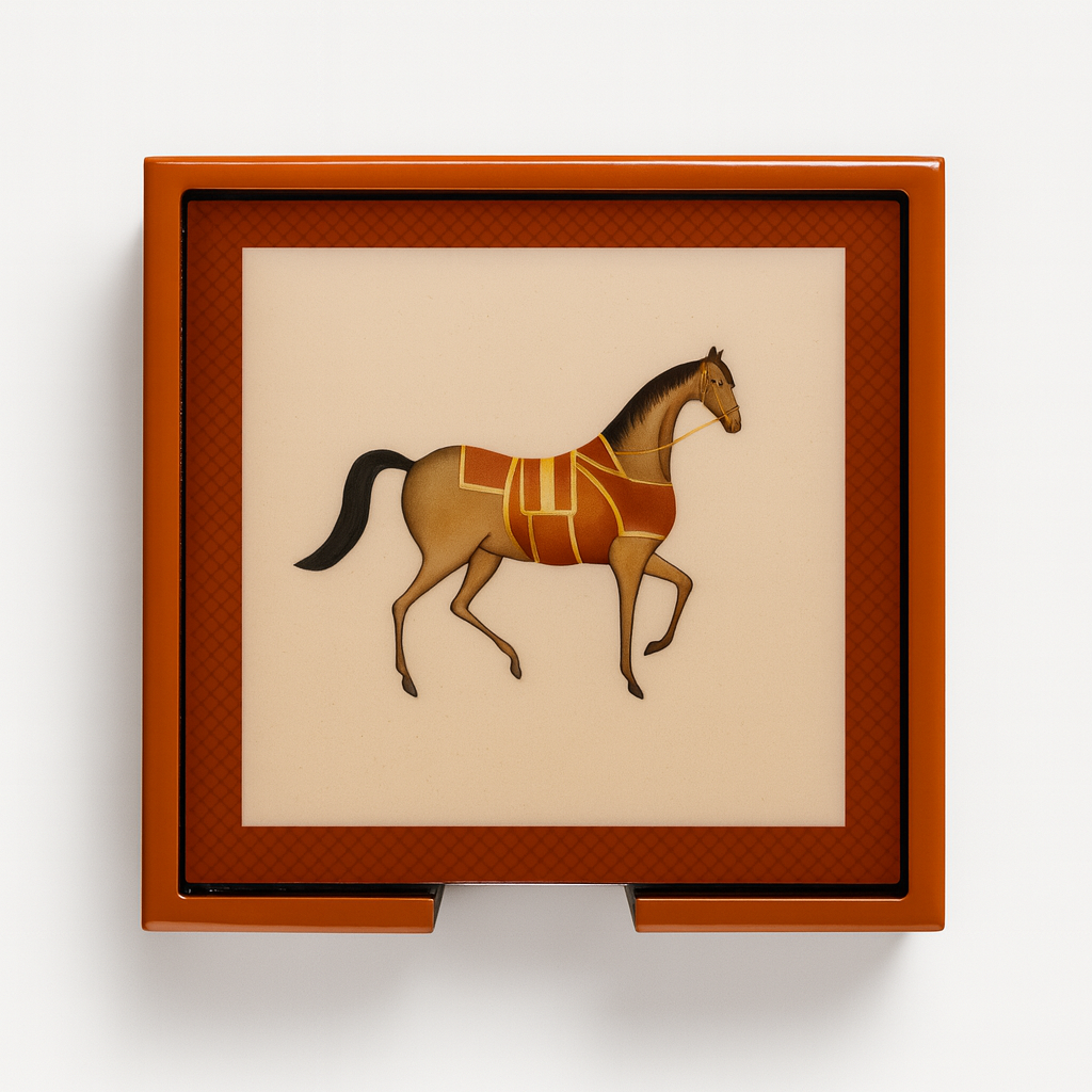 Decorative box with a horse illustration on a beige background