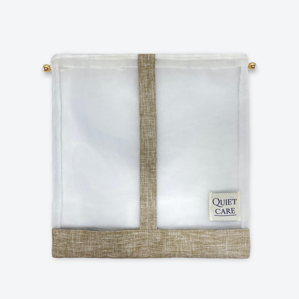 Large sheer shoe bag with linen blend trim, centre divider and metal ball pulls