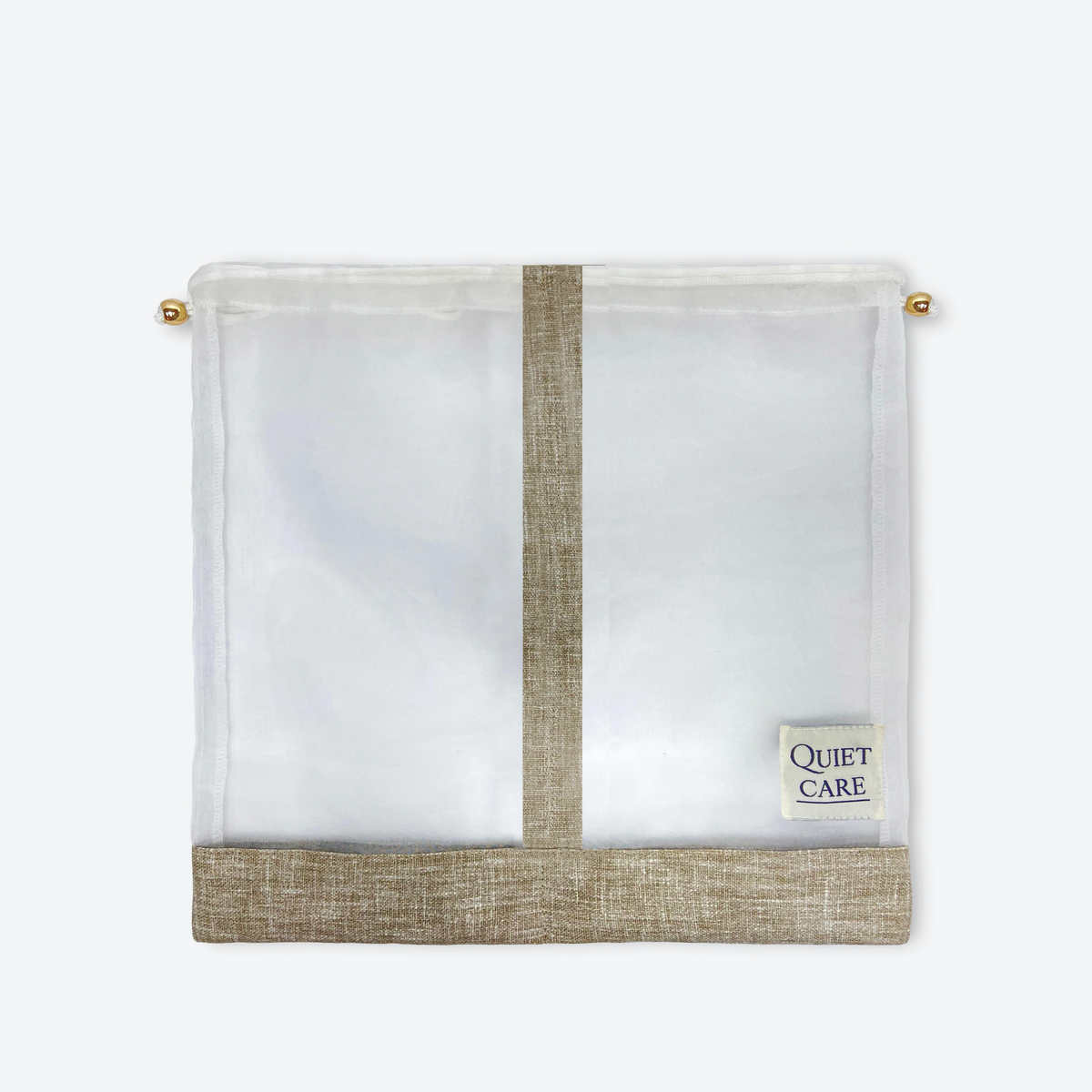 Medium sheer shoe bag with linen blend trim, centre divider and metal ball pulls