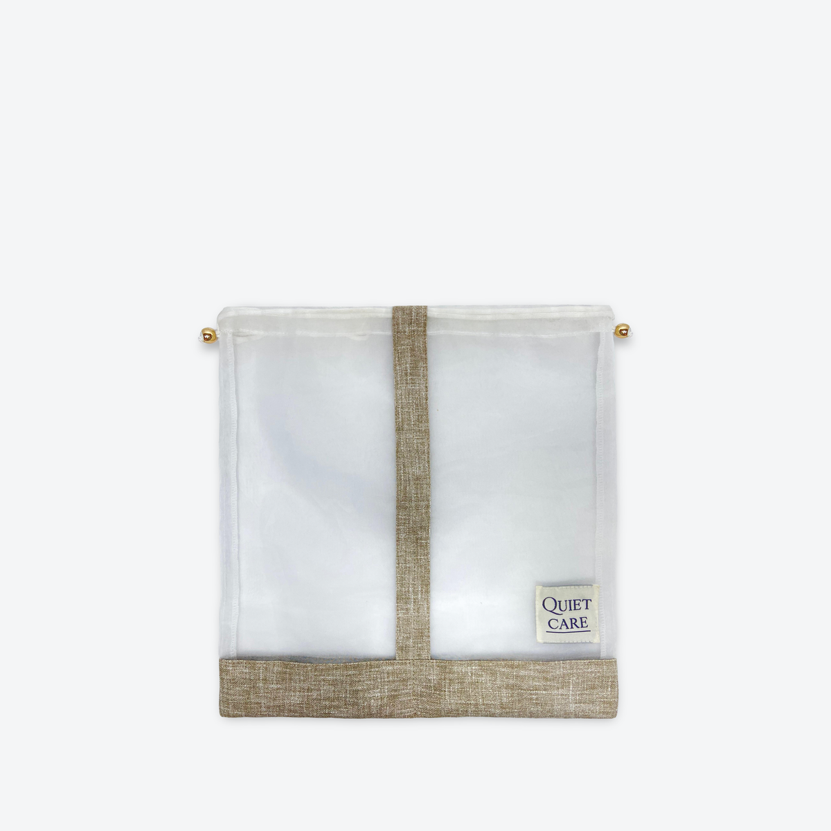 Small sheer shoe bag with linen blend trim, centre divider and metal ball pulls