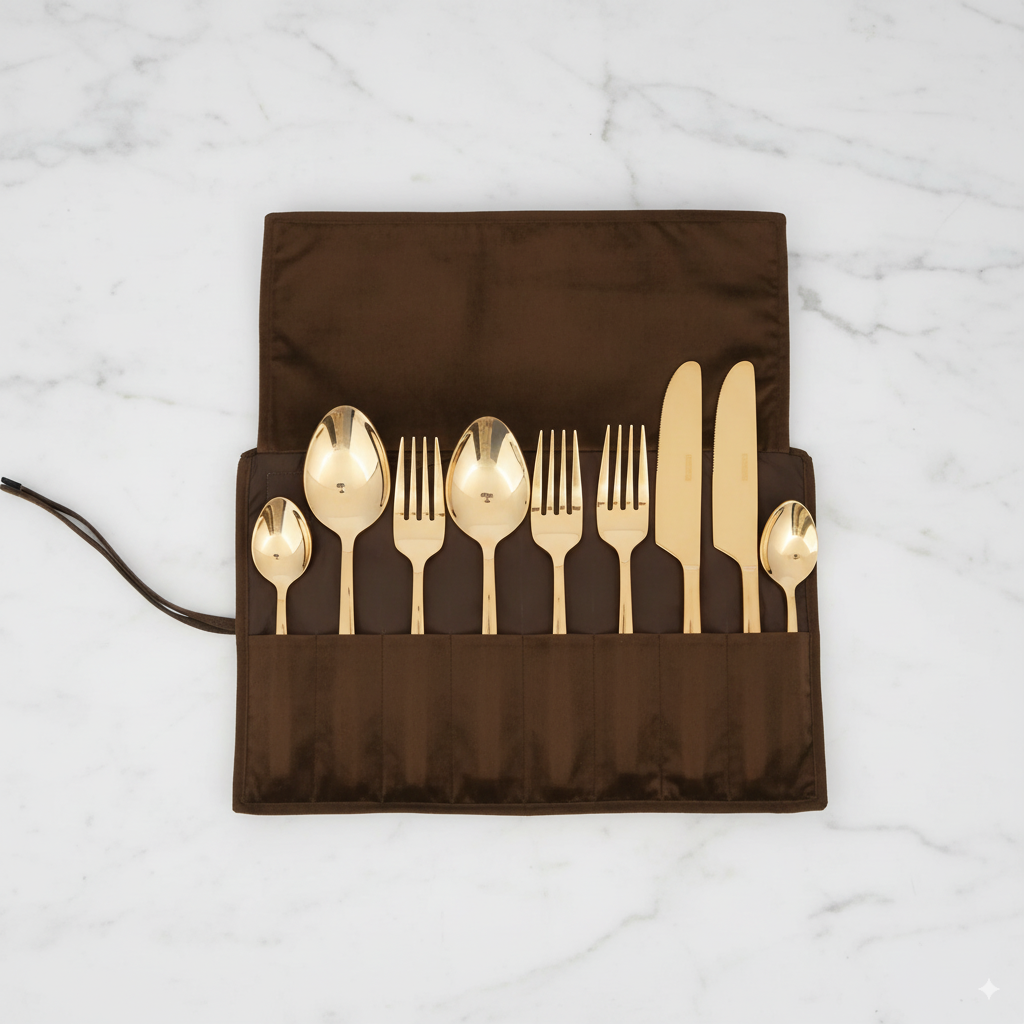 Set of gold cutlery including forks, knives, and spoons on a brown case against a marble background.