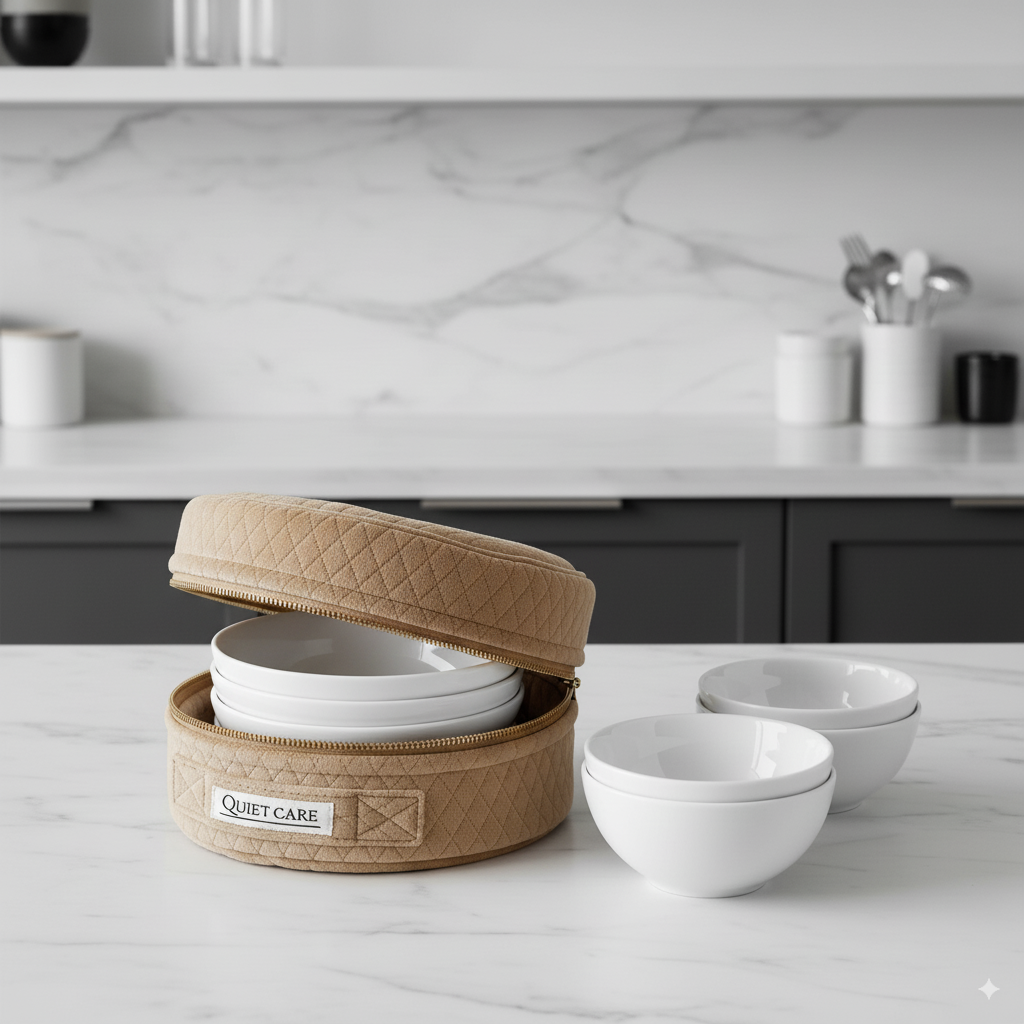 Set of white bowls in a beige carrying case on a kitchen counter.