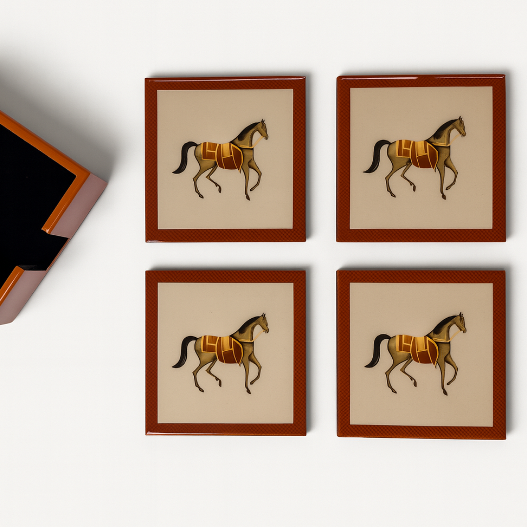 Four framed pictures of a stylized animal design on a beige background.