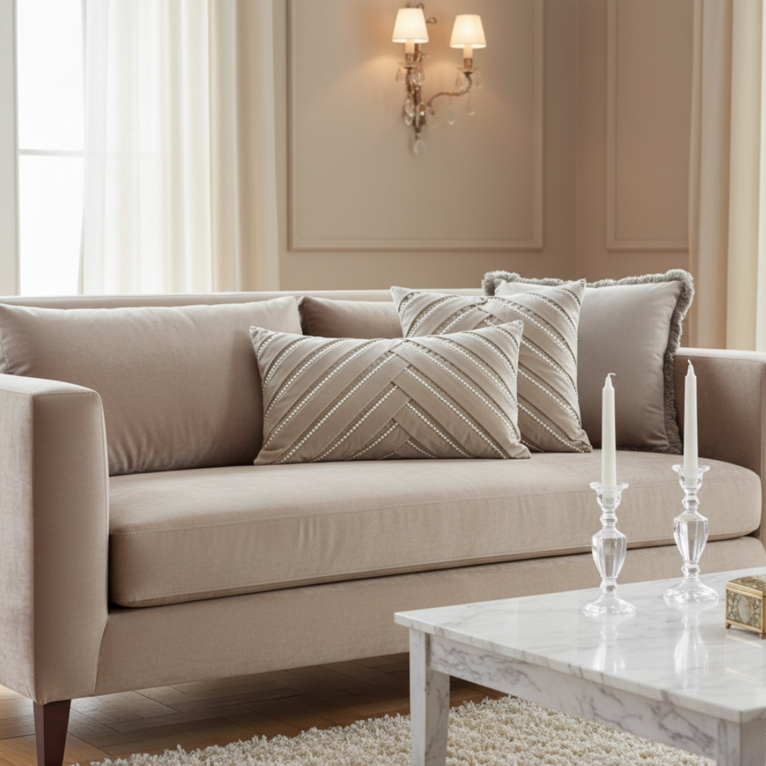 Beige sofa with decorative pillows in a living room setting