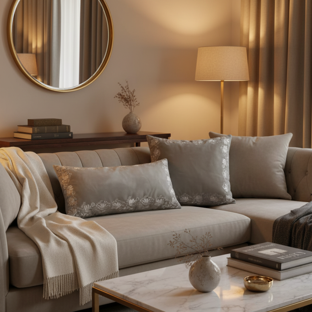 Cozy living room with a beige sofa, decorative pillows, and a lamp.