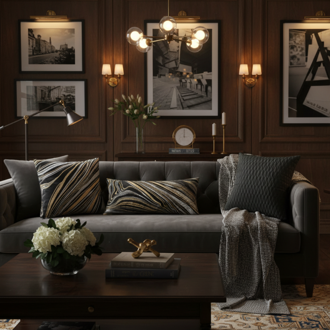 Cozy living room with a gray sofa, decorative pillows, and a coffee table.