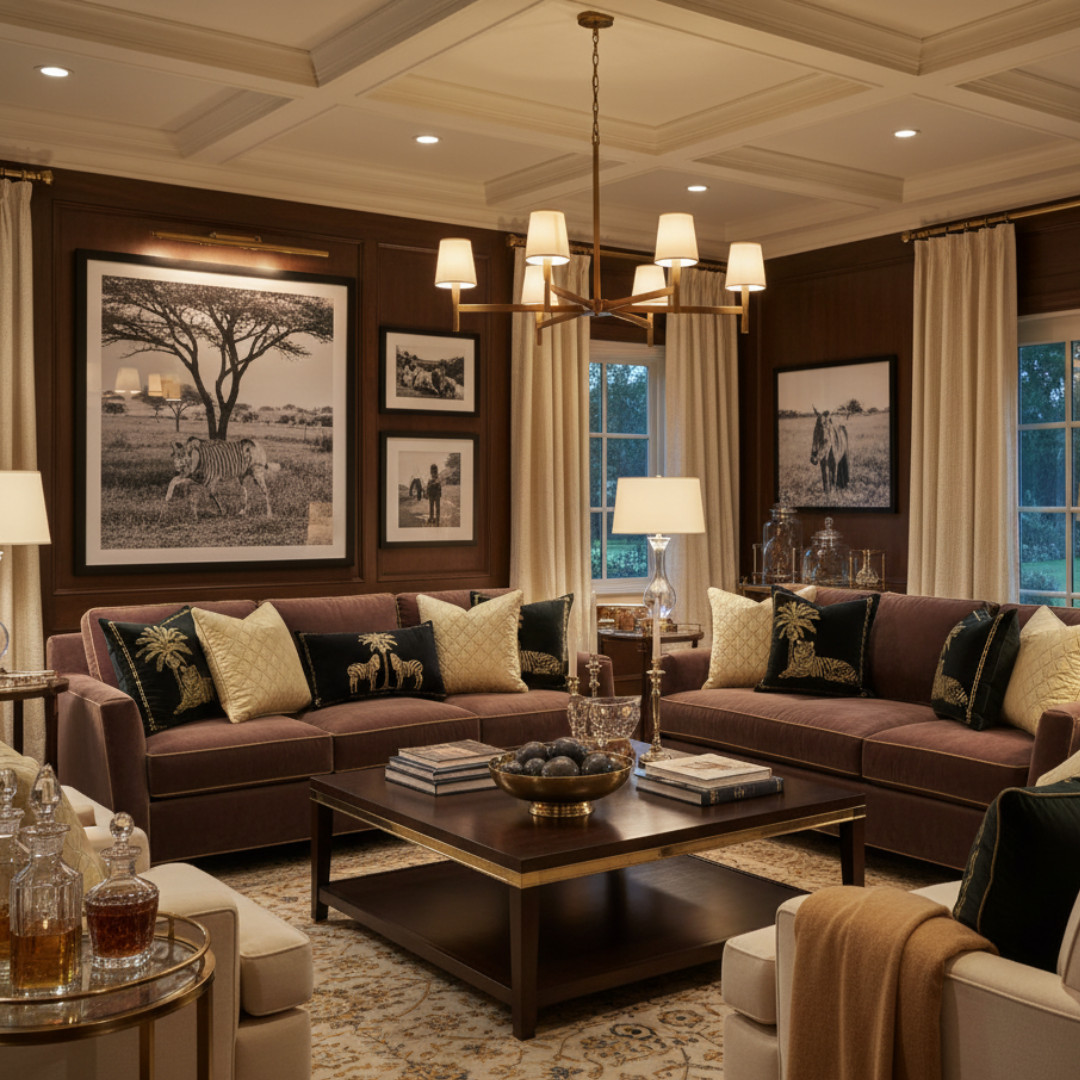 Luxurious living room with brown sectional sofa, coffee table, and decorative elements.