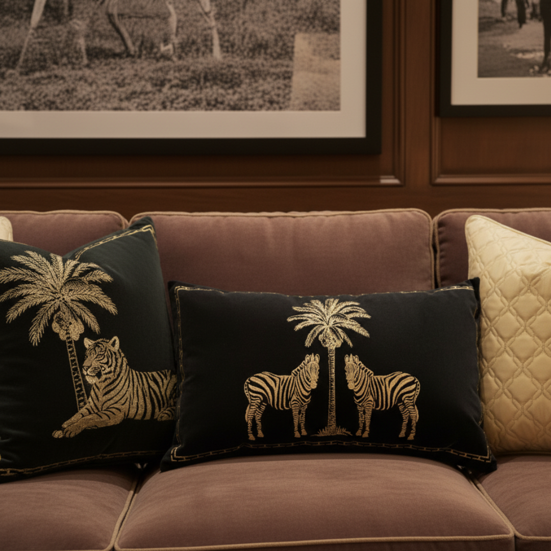 Decorative pillows with animal designs on a brown sofa