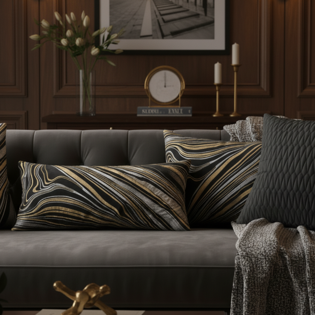 Gray sofa with patterned cushions in a room with wooden walls and decorative items.