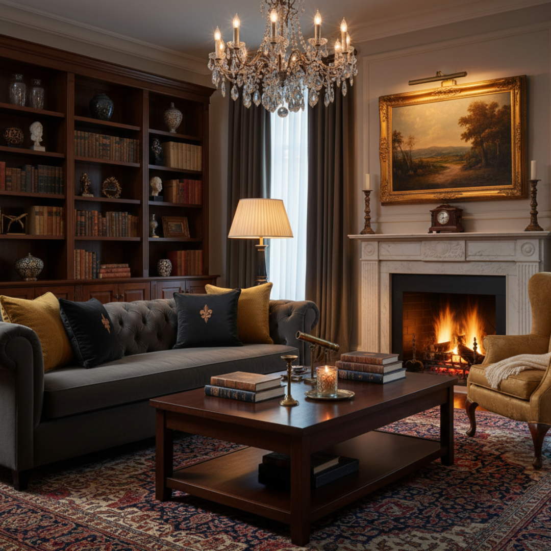 Cozy living room with a fireplace, bookshelf, and decorative items.
