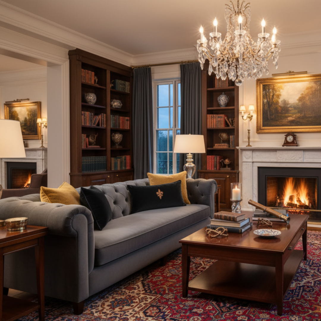 Luxurious living room with a gray sofa, wooden coffee table, and bookshelves.