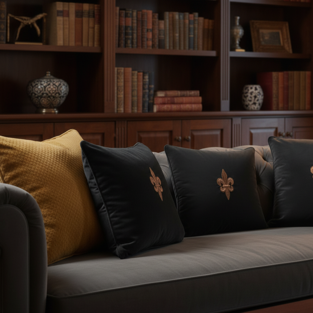 Gray sofa with decorative pillows in a room with bookshelves and decor items.